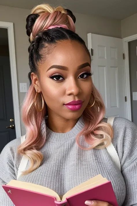 ((best quality)), ((masterpiece)), (detailed), perfect face, black woman with long pink and blonde hair in an updo with 2 buns, curvy and fit physique, pink lipstick, wearing a gray sweater, reading a book