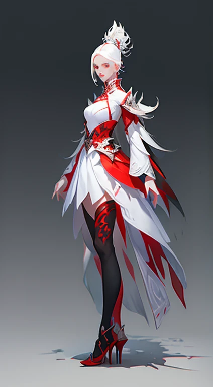 a girl, white hair, game character, Art Design, standing posture，High heel，red clothes，