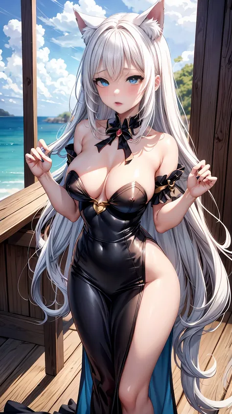 best quality, ultra detailliert, masterpiece,  4k anime girl, anime - style image of a woman with long white hair and a cat ears, cat tail, wavy hair, perfect white haired girl, ocean blue eyes, face cute, perfect fingers, slim toned body, perfectly propor...