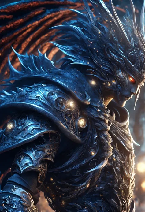 standing near a dragon is a gorgeous anime Half elf rogue male thai model with a black and deep blue hood outfit, highly detailed steampunk, eterochrome blue eyes, scars on the cheek Cyber eyes dark elf fighting a huge elven saddled armored dragon, dark de...