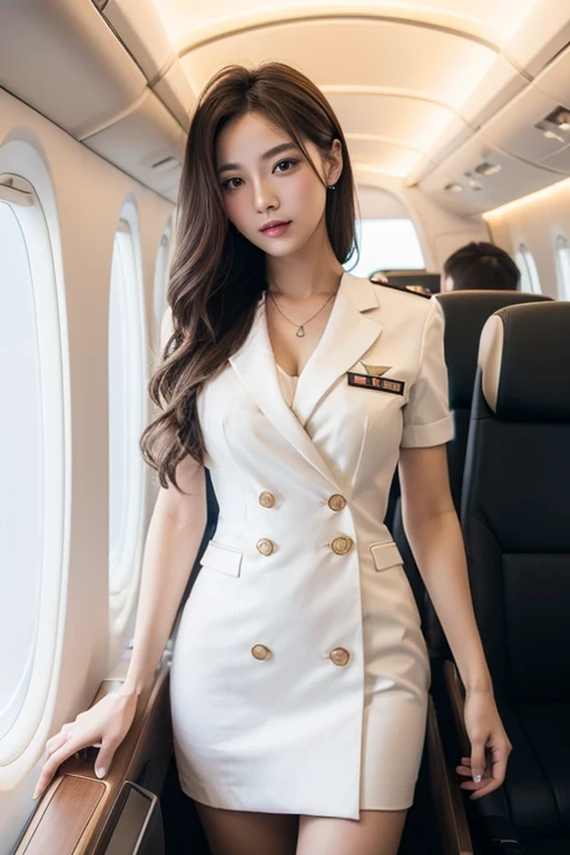 (((masterpiece, super fine illustration, best quality, light particles, ultra-detailed, 8K wallpaper))), (bright colors:1.2),(1beautiful women,standing:1.2,flight attendant,wearing flight attendant uniform:1.3, Inside the airplane)