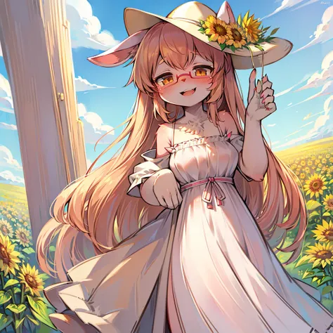 high quality,high resolution,high detailed fur,pubic fur,pink fur,long rabbit ear,glasses,white dress,bare shoulders,blue sky,sunflower field,blush,cloud,blue sky,looking at viewer,sunny day hat,hat white ribbon,1 girl,laugh