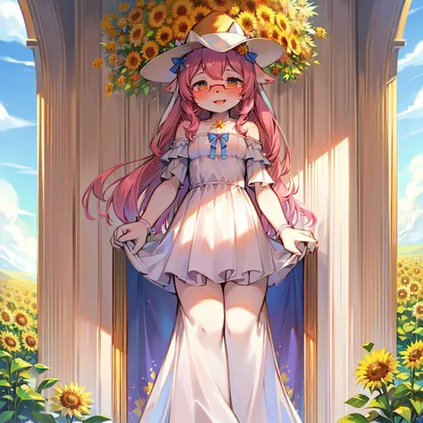 high quality,high resolution,high detailed fur,pubic fur,pink fur,long rabbit ear,glasses,white dress,bare shoulders,blue sky,sunflower field,blush,cloud,blue sky,looking at viewer,sunny day hat,hat white ribbon,1 girl,laugh