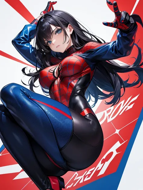 Create an image of a powerful and agile superheroine in the style of Spider-Man. She should have a sleek and form-fitting costume with a vibrant color scheme, similar to Spider-Mans iconic red and blue. Her suit should feature web-like patterns and incorpo...