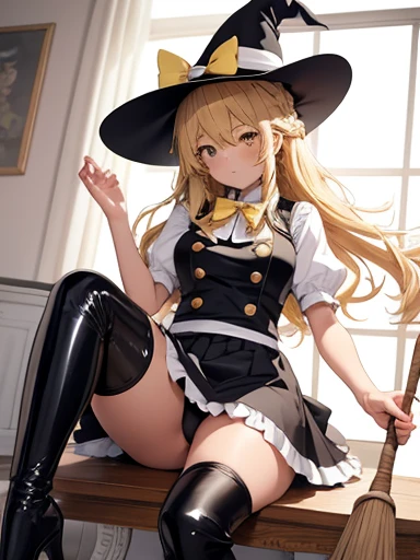 kirisame marisa, 1girl, blonde hair, witch hat, yellow eyes, long hair, vest, apron, bow, short sleeves, hat bow, braid, puffy sleeves, skirt Illustration of Marisa Kirisame riding a broom, masterpiece, fine detail, 4k, 8k, 12k, solo, one person, beautiful...