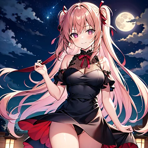 masterpiece, highest quality, be familiar with, 1 girl, alone, night sky, outdoor, full moon, performer, cloud, night,,  dark sakura, (black dress), long hair, evil smile, red ribbon, striped, thighs