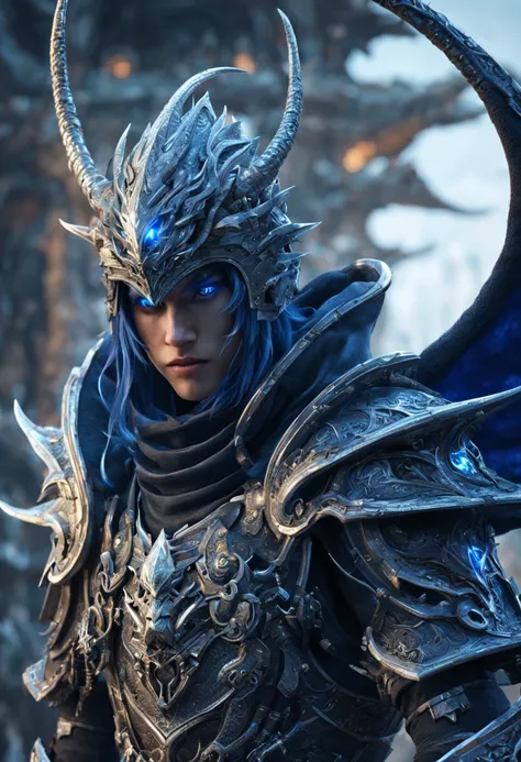 standing near a dragon is a gorgeous anime Half elf rogue male thai model with a black and deep blue hood outfit, highly detailed steampunk, eterochrome blue eyes, scars on the cheek Cyber eyes dark elf fighting a huge elven saddled armored dragon, dark de...