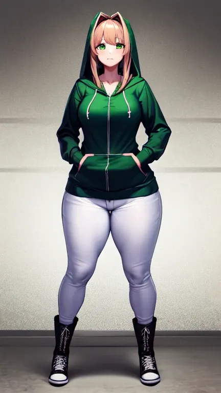 (Monika wearing a ((emerald green zip up hoodie)), (white jeans), and black knee high lace up converse boots with round toes), Large breasts, thick thighs, cute, full body image, back view, long hair, green eyes, quality images, ((high quality faces)), und...