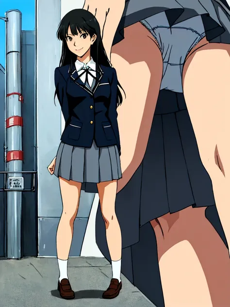 highest quality, ultra high resolution, (realistic: )2D official style cel animation,(multiple views)Amagami Tsukasa Ayatsuji,high school girl,uniform,Gray mini skirt,panties,long hair,straight hair,full body portrait,from below,In front of the station,sun...