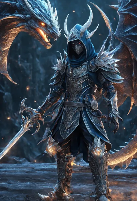 standing near a dragon is a gorgeous anime Half elf rogue male thai model with a black and deep blue hood outfit, highly detailed steampunk, eterochrome blue eyes, scars on the cheek Cyber eyes dark elf fighting a huge elven saddled armored dragon, dark de...