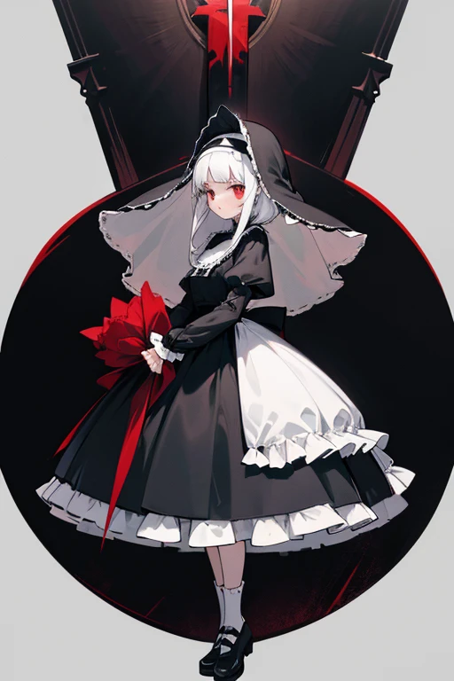 Nun.Gothic.lolita.dress. Veils.whole body. From head to toe.white straight hair. black and white.lolita.Frills.fancy.short skirt.crucifixion.red ruby.whole body.cute.short skirt.Gothic.victorian.fancy