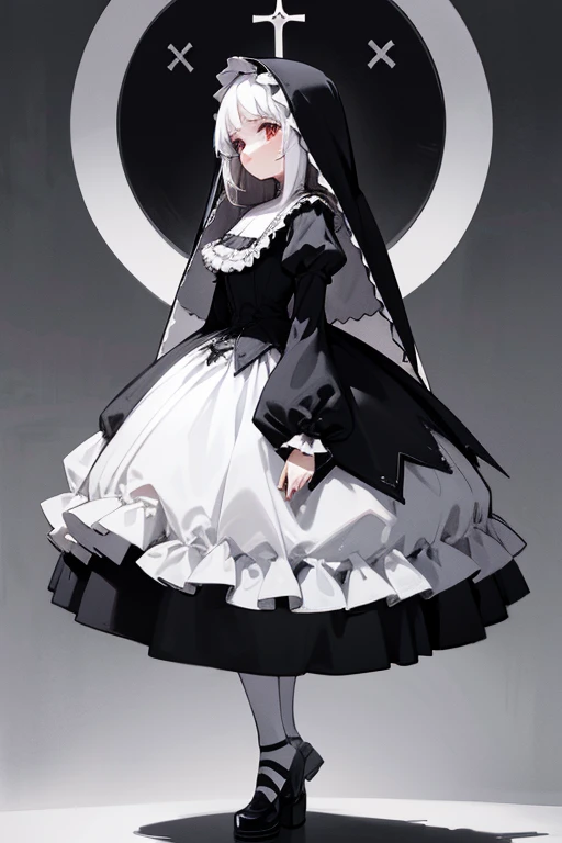 Nun.Gothic.lolita.dress. Veils.whole body. From head to toe.white straight hair. black and white.lolita.Frills.fancy.short skirt.crucifixion.red ruby.whole body.cute.short skirt.Gothic.victorian.fancy