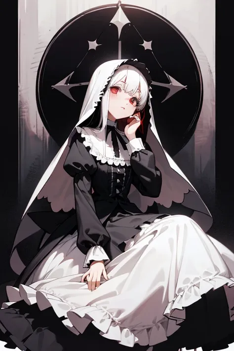 Nun.Gothic.lolita.dress. Veils.whole body. From head to toe.white straight hair. black and white.lolita.Frills.fancy.short skirt.crucifixion.red ruby.whole body.cute.short skirt.Gothic.victorian.fancy