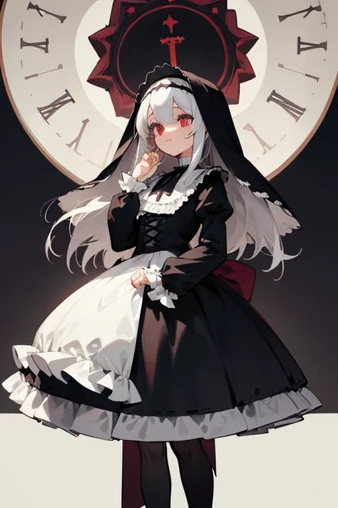 Nun.Gothic.lolita.dress. Veils.whole body. From head to toe.white straight hair. black and white.lolita.Frills.fancy.short skirt.crucifixion.red ruby.whole body.cute.short skirt.Gothic.victorian.fancy