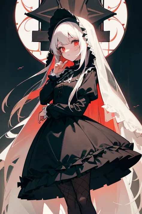 Nun.Gothic.짧은 lolita.dress. Veils.whole body. From head to toe.white straight hair. black and white.lolita.Frills.fancy.short skirt.crucifixion.red ruby.whole body.cute.short skirt.Gothic.victorian.fancy.Fishnet stockings.spoken. 