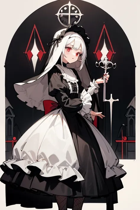 Nun.Gothic.짧은 lolita.dress. Veils.whole body. From head to toe.white straight hair. black and white.lolita.Frills.fancy.short skirt.crucifixion.red ruby.whole body.cute.short skirt.Gothic.victorian.fancy.Fishnet stockings.spoken. From head to toe