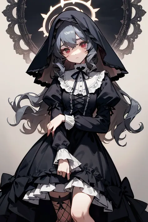 Nun.Gothic.짧은 lolita.dress. Veils.whole body. From head to toe.Navy blue curly wavy hair. black and white.lolita.Frills.fancy.short skirt.crucifixion.red ruby.whole body.dangerous.mature.short skirt.Gothic.victorian.fancy.Fishnet stockings.spoken. From hea...