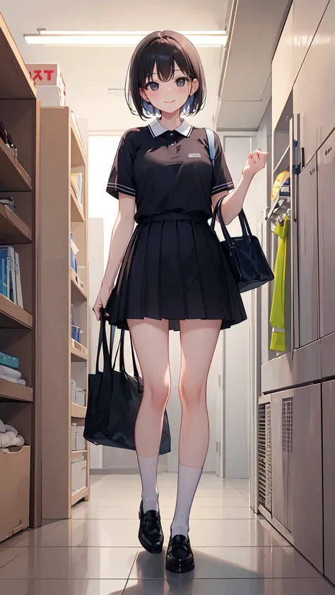 (best quality,masterpiece:1.2), girl, polo shirt, long skirt, white socks, shoes, black hair, black eyes, short hair, changing room, smile, looking at the camera,