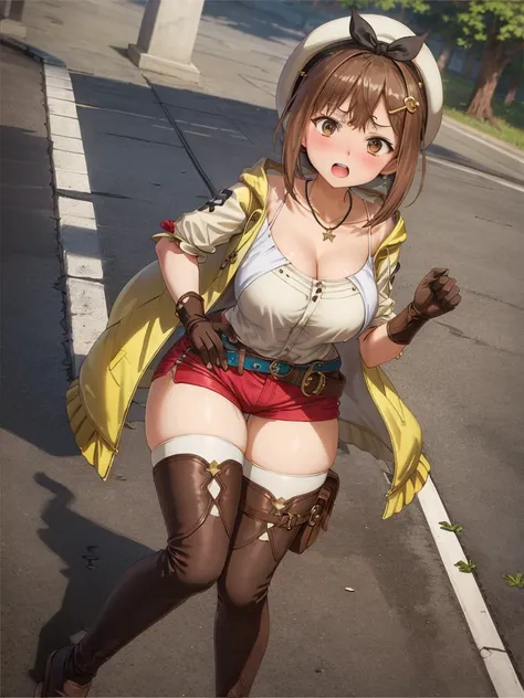 look up, please open your mouth wide, Fully closed eyes, ((blush:1.2)), riser, 1 girl, ((blush:1.2)), alone, shorts, gloves, belt bag, head ribbon, jewelry, 赤いshorts, brown hair, thighs thighs, short shorts, bridal legwear, necklace, brown eyes, single glo...