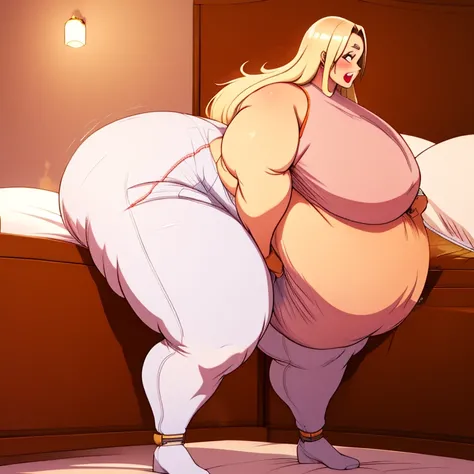 Tsunade Senju, 1 girl, ((bimbo))), long blond hair, puffy lips, painted lips, thick lips, wide hips, thick thighs, huge ass, screaming , enormous huge natural breasts, mature mom, tight white bra, in my bed, kissing another woman, huge bloated overflowing ...