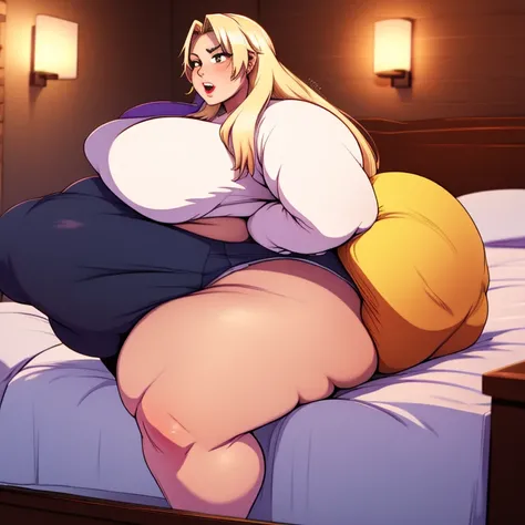 Tsunade Senju, 1 girl, ((bimbo))), long blond hair, puffy lips, painted lips, thick lips, wide hips, thick thighs, huge ass, screaming , enormous huge natural breasts, mature mom, tight white bra, in my bed, kissing another woman, huge bloated overflowing ...