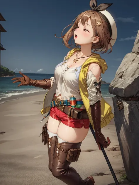 ((look up)), ((please open your mouth wide)), ((Fully closed eyes)), ((lean back)), riser, 1 girl, ((blush:1.2)), alone, shorts, gloves, belt bag, head ribbon, jewelry, 赤いshorts, brown hair, thighs thighs, short shorts, bridal legwear, necklace, brown eyes...