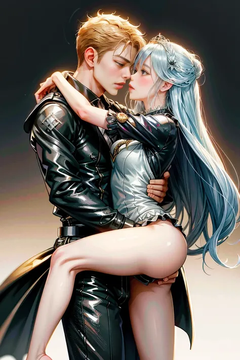 Anime couple sitting on a chair and hugging each other, wlop and sakimichan, sakimichan and frank franzzeta, couple pose, Art Germ and Genzoman, Gwaites style artwork, cute kiss together, Renji Murata and Art Germ, frank franzzeta and sakimichan,the girl i...