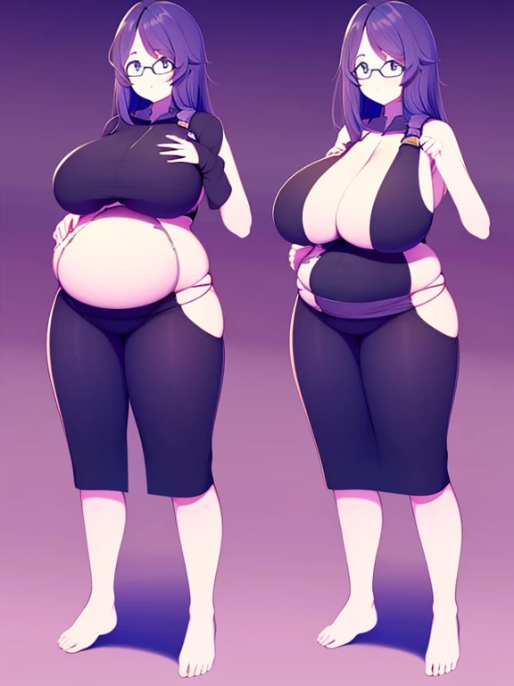 (Very high quality, detailed) A full body image of a pregnant girl wearing a sports bra, very thight shorts and glasses, shes standing barefoot and has very big breasts, long hair and a pretty thick body. She has her hands on her belly and her belly is unc...