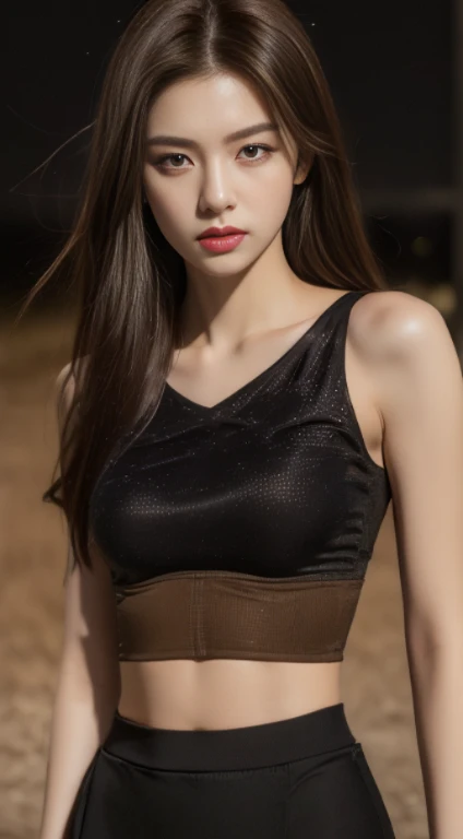 ((Realistic lighting, Best quality, 8K, Masterpiece: 1.3)), Clear focus: 1.2, 1girl, Perfect Figure: 1.4, Slim Abs: 1.1, ((Dark brown hair)), (Bare midriff: 1.4), (Outdoor, Night: 1.1), City streets, Super fine face, Fine eyes, Double eyelids,