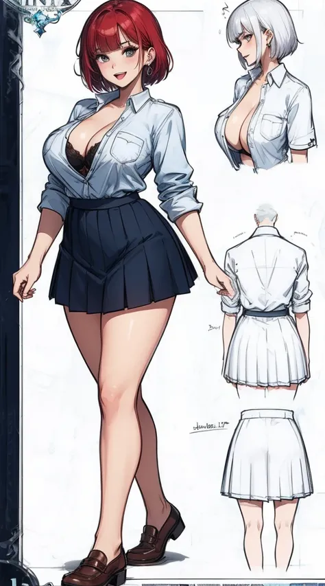 girl, solo, full body, from head to toe, standing, (Huge_Breasts:1.3),

Character Design Sheet, character reference sheet, character turn around,

1girl, short hair, red hair,school uniform,  

a sexy cartoon girl with very large breasts in a female outfit...