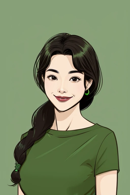 A woman in her 40s with an exotic face and a calm smile。Illustration of upper body wearing casual clothes。The background color is mostly dark green。