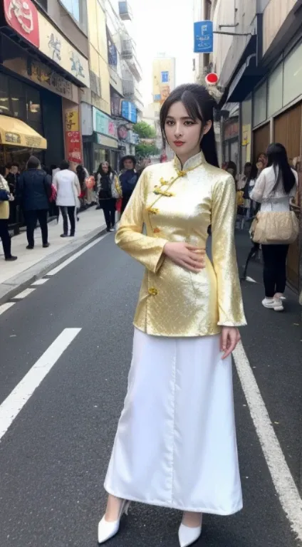 A like girl beautiful biker araffe asian woman in a white and gold outfit on a city street, cheongsam, chinese costume, chinese dress, traditional chinese clothing, traditional tai costume, beautiful south korean woman, white hanfu, korean girl, with acien...