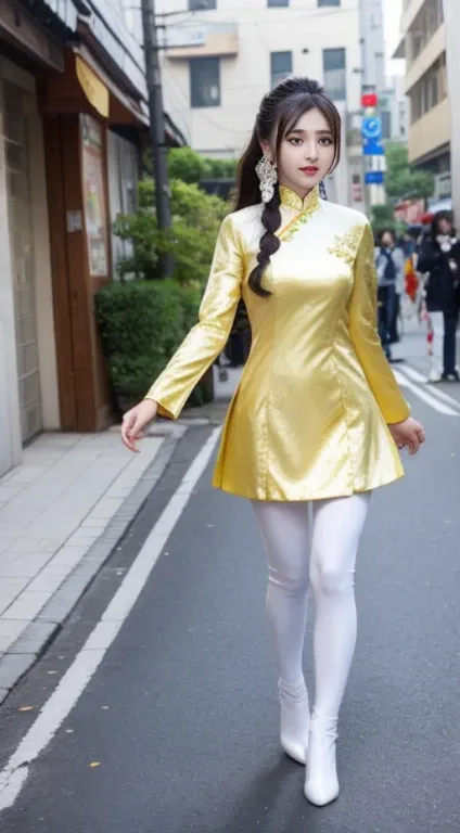 A like girl beautiful biker araffe asian woman in a white and gold outfit on a city street, cheongsam, chinese costume, chinese dress, traditional chinese clothing, traditional tai costume, beautiful south korean woman, white hanfu, korean girl, with acien...