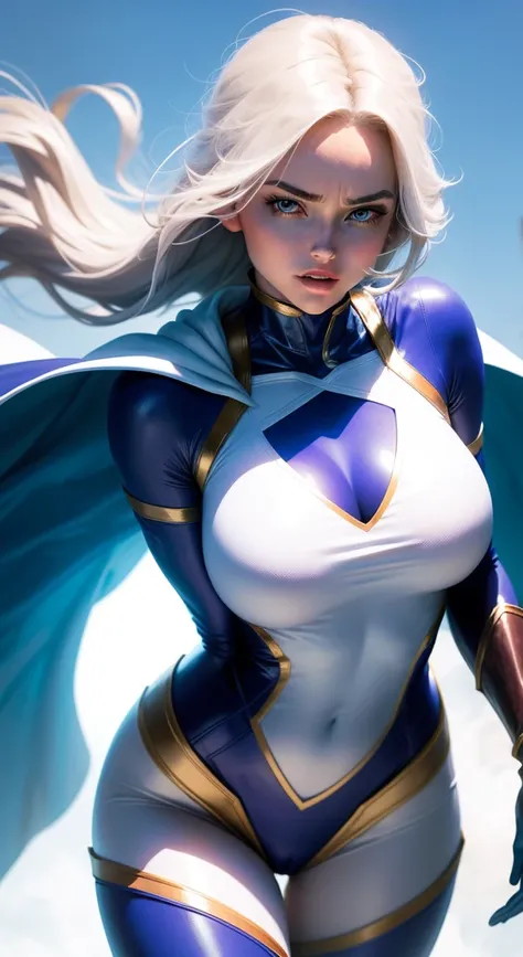 New York, Tiem Square Avenue, With a V-neck reaching mid-belly, terra Zor-l, known as Power Girl, radiates cosmic energy in her iconic white bodysuit, blue gloves, endowed with superhuman strength and heat vision , She soars through the skies with unparall...