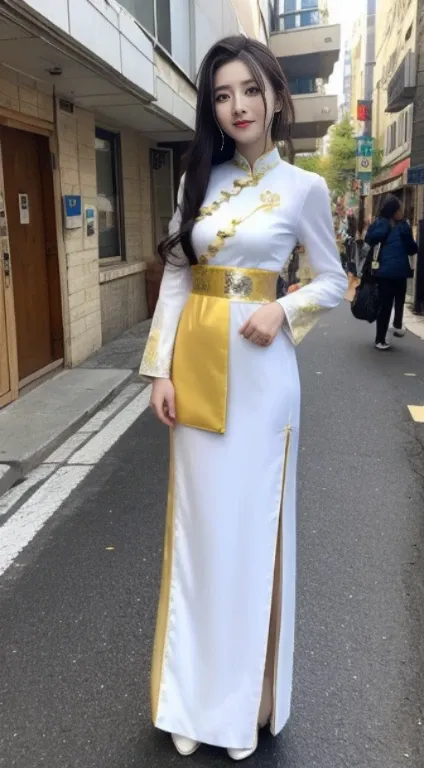 A like girl beautiful biker araffe asian woman in a white and gold outfit on a city street, cheongsam, chinese costume, chinese dress, traditional chinese clothing, traditional tai costume, beautiful south korean woman, white hanfu, korean girl, with acien...