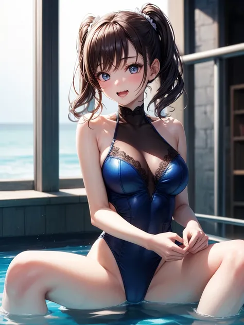 highest quality、one girl、blue eyes、small face、laughter、big breasts:1.5、narrow、Dressing up to bite:1.7、beautiful feet、bright lighting、by the pool、There are no people、background blur,sexy swimwear、twin tails、ponytail