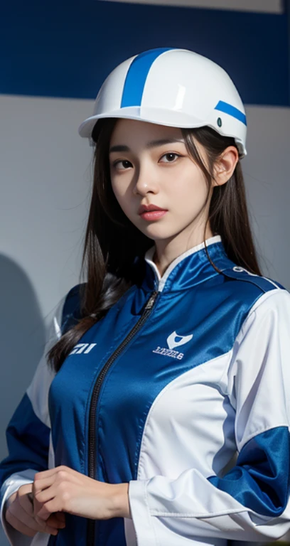 araffe woman in a blue and white uniform holding a helmet, li zixin, jinyoung shin, lee ji-eun, lee ji - eun, jaeyeon nam, korean girl, e-sport style, shin min jeong, park ji-min, xintong chen, sun yunjoo, xision wu, kda, heonhwa choe