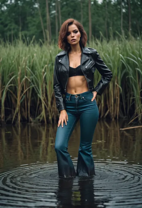 70s style shy woman in soaking wet high waisted flared jeans and leather jacket caught when indulging in her fetish while drowning in swamp