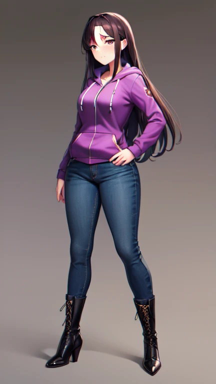 (yuri wearing a ((purple zip up hoodie)), (blue jeans), and purple knee high lace up boots with round toes), large breasts, thic...