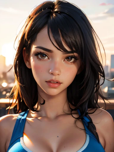 (((HD photo))), ultra high res.photorealistic:. 1.4, UHD, masterpiece, trending on artstation, pretty, cute girl, most beautiful in the world, soft, delicate, long dark hair, portrait, slim body, large sagging breasts, nsfw,  sports bra, sunkissed, sunset ...