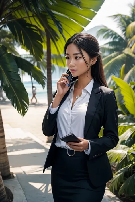 Young businesswoman talking on the phone outdoors in a tropical country  