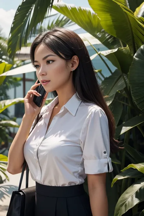 Young businesswoman talking on the phone outdoors in a tropical country  