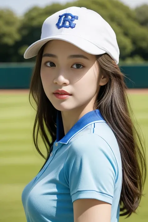 One girl、top-quality、​masterpiece、超A high resolution、(Photorealsitic:1.4)、There is a woman wearing a baseball cap、wearing a white blue polo shirt、baseball field