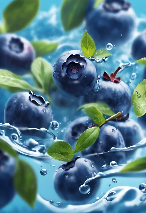 fruit poster, a few （blueberries）,Water splashing, Solid color background, illustration, light colour, fine detail, 8k