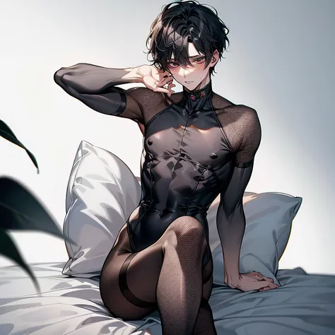 4K，high resolution,masterpiece,male性一人,black hair,22 years old,thin chest,black bunny boy,shy,Looking down diagonally,embarrassing,blush,NFSW,R-18,exposed,side,buttocks, foot, fishnet stockings (tights)The skin is transparent,background/Luxurious bar,dim,m...