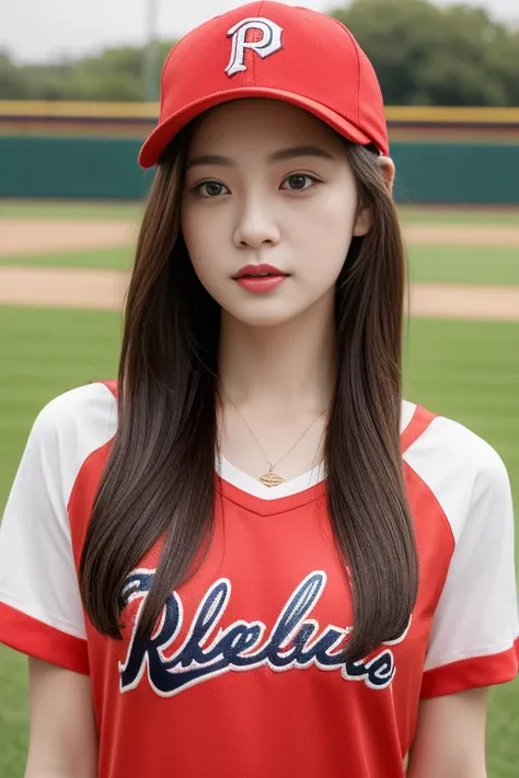 One girl、top-quality、​masterpiece、超A high resolution、(Photorealsitic:1.4)、There is a woman wearing a baseball cap、wearing a red and light yellow P  shirt、baseball field