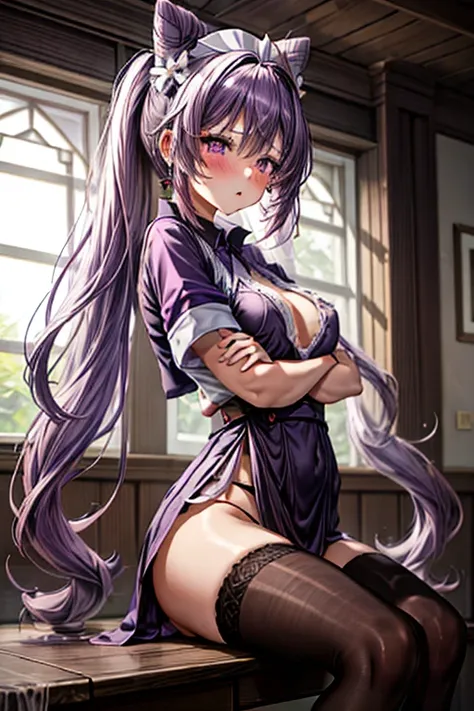 1girl, to-quality, long_hair, purple_hair, purple_eyes, hair_bun, cone_hair_bun, twintails, bangs, double_bun, breasts, hair_ornament, blush, braid, medium_breasts, crotch rub, table humping, from below, nurse unifrom, stripped panties, table, wet panties,...