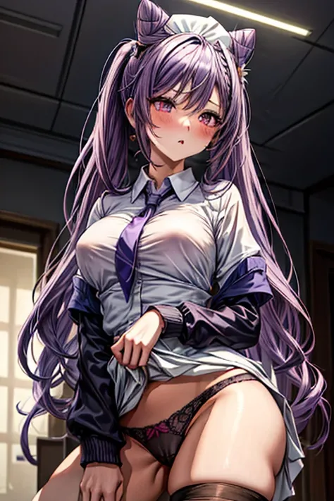 1girl, to-quality, long_hair, purple_hair, purple_eyes, hair_bun, cone_hair_bun, twintails, bangs, double_bun, breasts, hair_ornament, blush, braid, medium_breasts, crotch rub, table humping, from below, nurse unifrom, stripped panties, table, wet panties,...