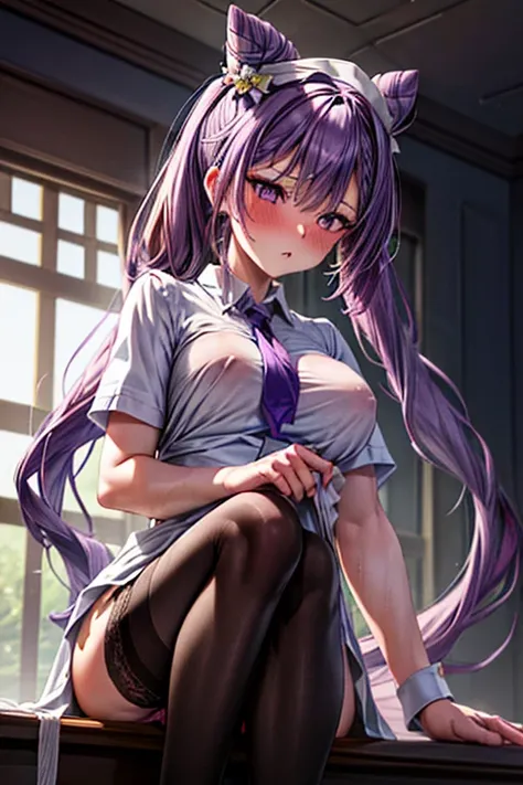 1girl, to-quality, long_hair, purple_hair, purple_eyes, hair_bun, cone_hair_bun, twintails, bangs, double_bun, breasts, hair_ornament, blush, braid, medium_breasts, crotch rub, table humping, from below, {nurse:1.4}, stripped panties, table, wet panties, l...