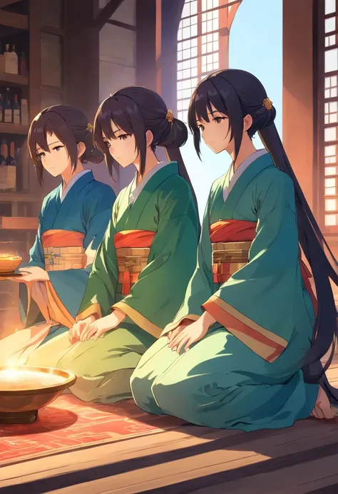 Three scholars，Song dynasty costumes，Song Dynasty scholar costume，Kneeling pose，They all have a bowl of wine in their hands，In the middle is the protagonist，The characters on the left and right sides are a bit alike